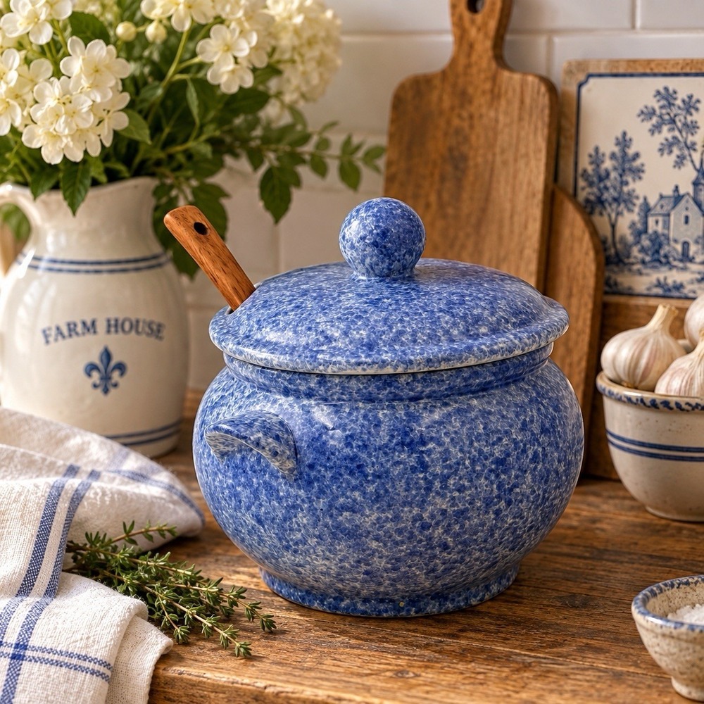 Vintage Blue Spongeware Bean Pot Casserole Wood Ladle French Farmhouse